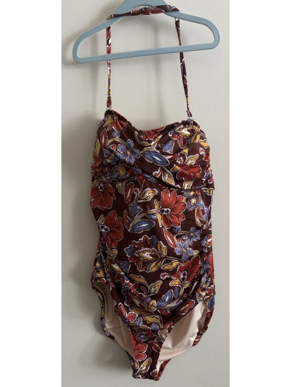 Garnet Hill Ruched One-Piece Swimsuit in Vermillion Brown Floral Bathing Suit 10